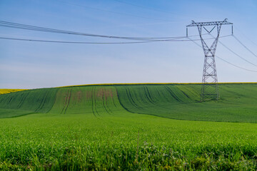 High voltage power line on green agricultural field during sunny spring day, rural landscape with electricity transmission tower