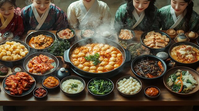 Korean New Year table with steaming bowls of tteokguk kimchi galbi and traditional sweets accompanied by hanbok clad family members and festive decorations