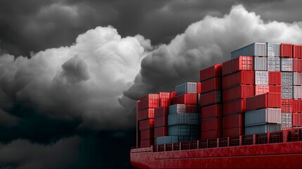 Dramatic red and blue shipping containers stacked on cargo vessel against stormy dark clouds, highlighting global trade challenges in maritime logistics industry