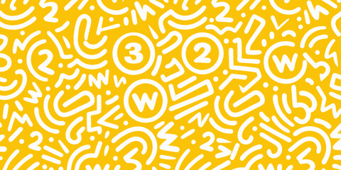 Playful abstract pattern with white wavy lines numbers and circles on yellow background