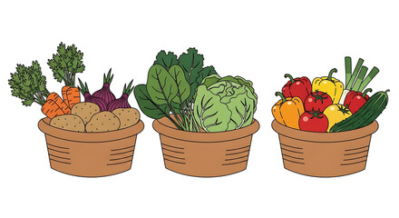 Baskets overflowing showcases baskets overflowing with diverse, fresh vegetables and produce. Baskets overflowing with nutritious vegetables are artistically arranged, featuring carrots, potatoes,