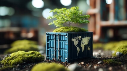 Sustainable miniature blue shipping container with world map design and tiny tree growing from moss on top, symbolizing green global logistics and eco-friendly shipping