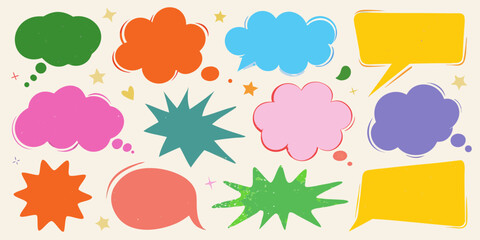 Collection of colorful hand drawn speech bubbles and starbursts with decorative elements