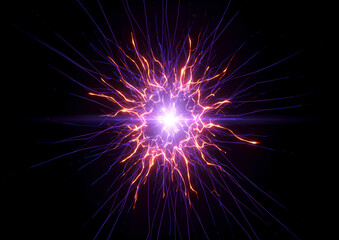 Bright energy explosion with orange and purple glowing light rays.  Intense energy burst creates vibrant, dynamic light show perfect for science fiction designs.