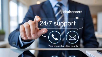 24/7 Support in Modern Workplace: A modern office setting frames a person's hand interacting with a digital interface, promoting constant support and assistance.