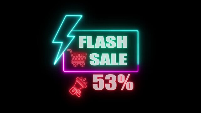 53% Flash sale shopping neon sign fluorescent light glowing banner background. blinking color for store or bar, Text flash sale by neon lights sign board. showcasing digital marketing promotions