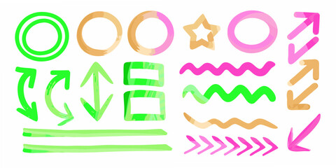 Collection of colorful hand drawn graphic elements including circles stars arrows wavy lines and rectangles