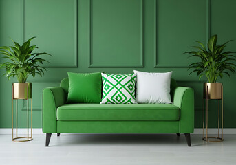 Vibrant green sofa in luxurious living room with modern design accents