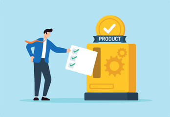 Flat illustration of quality control manager inserting checklist into product machine to unlock compliance mechanism