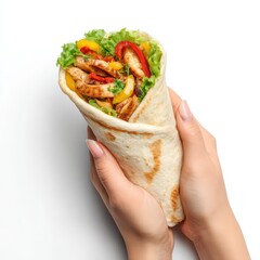 Delicious chicken wrap held in someone's hands, filled with vibrant vegetables. The soft tortilla wraps around flavorful grilled chicken and colorful fresh vegetables