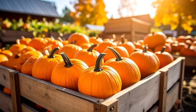 Pumpkins in wooden crates at a fall harvest