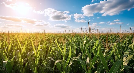 A Vibrant Green Corn Field Stretches Under A Bright Blue Sky With Fluffy White Clouds And A Glowing Sun, Symbolizing Growth And Agriculture.