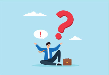 Flat illustration of businessman sitting with giant question mark and exclamation bubble decision to solve problem curiosity finding answers and new ideas