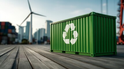 Sustainable green shipping container with recycling symbol at urban port with wind turbine and city skyline in background