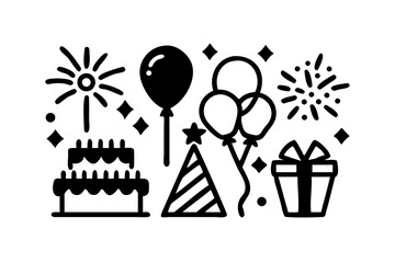Birthday party elements with cake and balloons