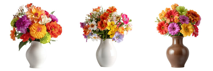Set of Fresh multicolored flowers in a modern white vase on transparent png background. Ai generated © SHIMA