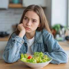 A young woman looking bored with a salad in front of her