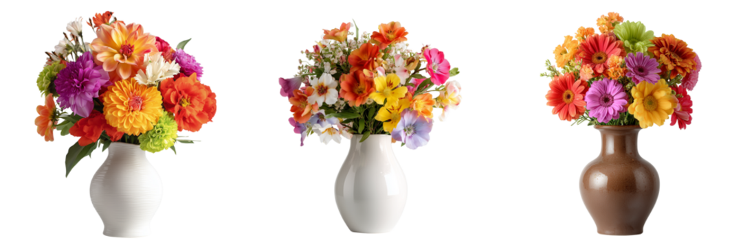 Set of Fresh multicolored flowers in a modern white vase on transparent png background. Ai generated - Powered by Adobe