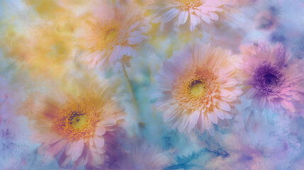 Elegant wedding invitation card background watercolor pictures Natural little a Gerbera flower field in a lifestyle style expressing wonder with pastel floral shades and golden lighting harmony