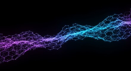 Abstract molecular structure on a black background, composed of hexagonal connections shimmering with purple and blue light, creating a mesmerizing digital network wave