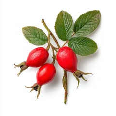 Close-up of vibrant red rose hips with fresh green leaves, showcasing the beauty of nature and its bounty. This image perfectly captures the essence of a healthy, natural food source