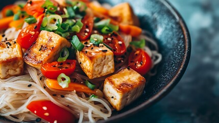 Close-up of stir-fried rice vermicelli with vegetables and tofu