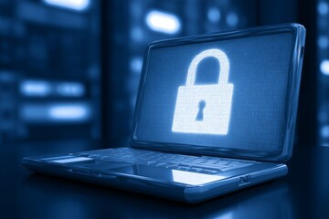 Secure Laptop with Glowing Digital Lock in Data Center Environment