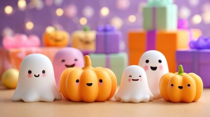 Cute cartoon ghosts and pumpkins sit before a softly blurred background of presents and fairy lights, creating a whimsical Halloween scene