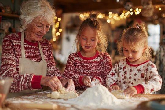 An elderly woman and two young girls wearing festive pajamas, baking together in a cozy kitchen with Christmas lights in the background