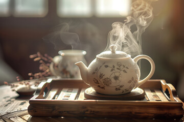 Elegant white porcelain teapot with delicate floral patterns, steam rising, placed on vintage wooden tray, warm cozy lighting, minimalistic tea ceremony style
