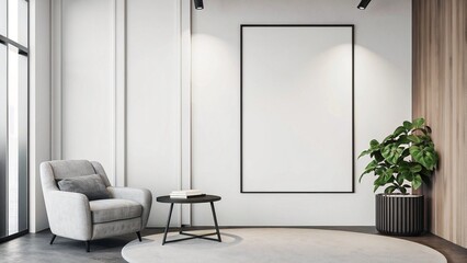 Modern interior design with light empty mock-up wall and gray furniture, loft and vintage of living room. Armchair, table with green plant in pot, round carpet on floor, on white wall background