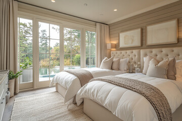 Fototapeta premium beds in a bedroom with large windows.