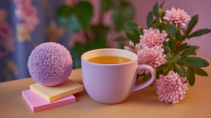 A calm desk setup with a stress ball, herbal tea, and mindfulness reminder sticky notes.