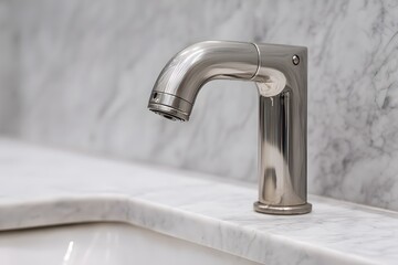 Contemporary sensor-activated water tap in a public restroom, polished stainless steel, mounted on marble sink,