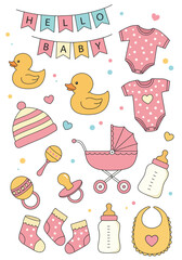 Hello baby girl elements set, vector illustration design