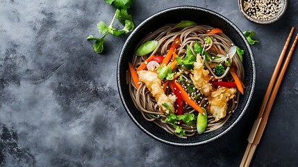 Soba noodles with tempura vegetables on the side