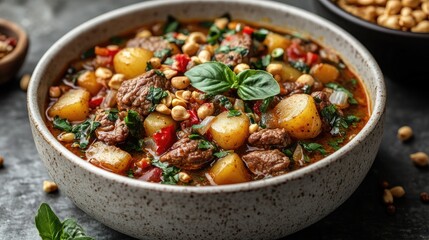 A bowl of hearty beef stew with potatoes and peanuts, top view. Use for food blogs, restaurant menus, or cooking class advertising.