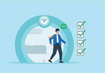 Flat illustration of support specialist communicating task checklist remotely using headset and wireless internet connection