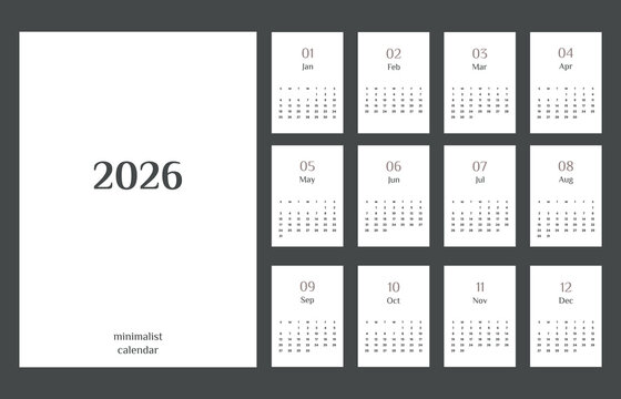 Vector illustration. Minimalist calendar 2026 template. Week Starts on Sunday. Calendar on white background	a4
