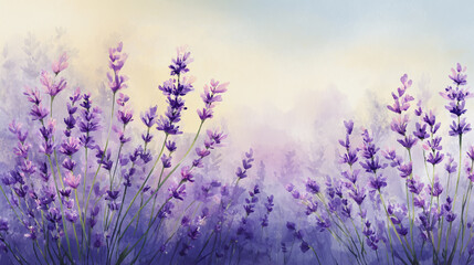 Naklejka premium Elegant wedding invitation card background watercolor pictures Natural little a Lavender flower field in a lifestyle style expressing wonder with pastel floral shades and golden lighting harmony