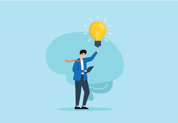 Flat illustration of businessman raising bright lightbulb while holding tablet in front of large brain symbolizing creative thinking and innovation in digital brainstorming