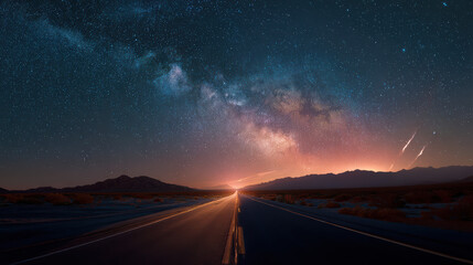 Fototapeta premium Mesmerizing Nighttime Desert Highway Under Star-Studded Sky with Milky Way Galaxy Illuminating the Horizon
