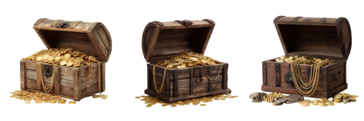 Set of Small treasure chest with shining gold inside on transparent png background. Ai generated