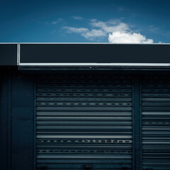 Photorealistic Rolling Shutter Door on Storefront at Night Under Blue Sky, 8K.