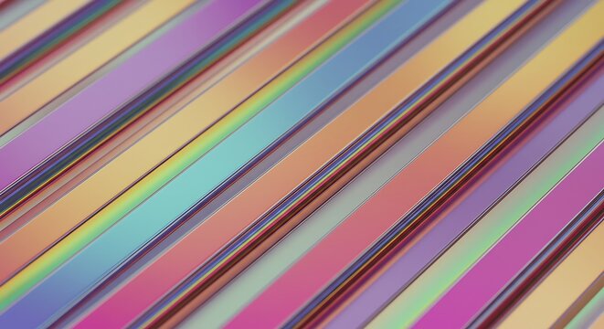 Abstract background concept of a vibrant, iridescent surface with diagonal metallic lines reflecting a holographic rainbow spectrum