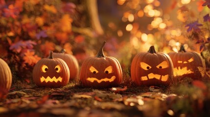Carved pumpkins with spooky faces sit amidst fallen leaves in an autumnal forest scene