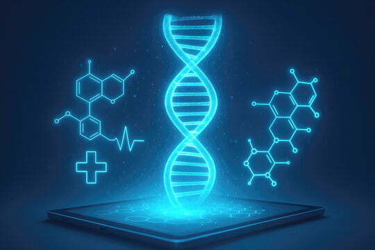 Digital DNA Helix Emerging from Tablet with Medical Symbols and Molecules double helix science