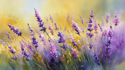 Naklejka premium Elegant wedding invitation card background watercolor pictures Natural little a Lavender flower field in a lifestyle style expressing wonder with pastel floral shades and golden lighting harmony