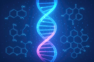 Glowing DNA Helix Surrounded by Chemical Molecular Structures double helix genetic