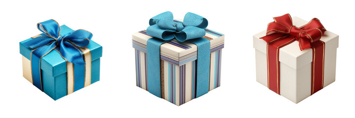 Set of White box with elegant blue ribbon on transparent png background. Ai generated